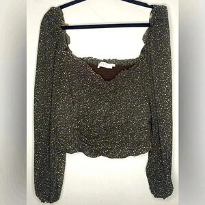 ASTR The Label Brown Ditsy Floral Rouched Top Puffy Poet Sleeves Cottage , sz XL